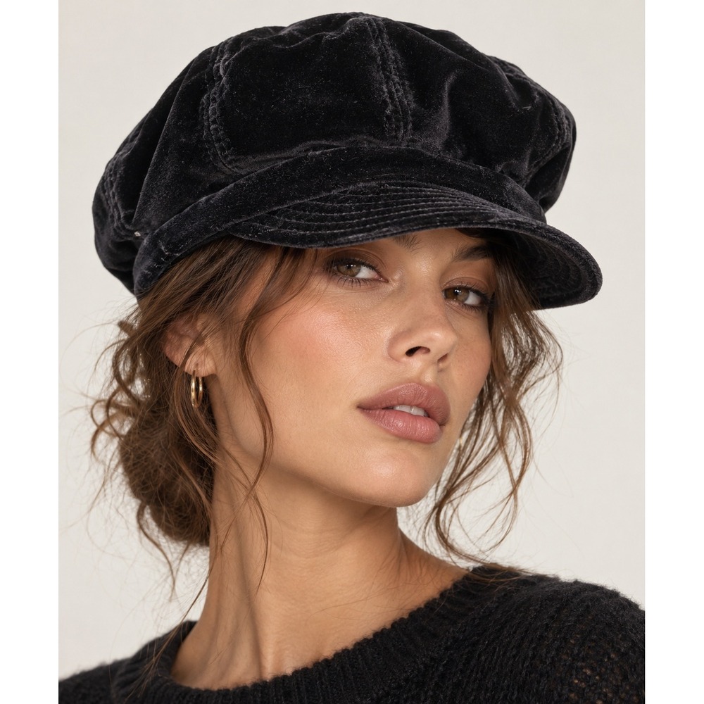 VTG 90s Black Velvet Newsboy Cap Womens OS Baker Hat Retro Parisian Chic Cabbie
